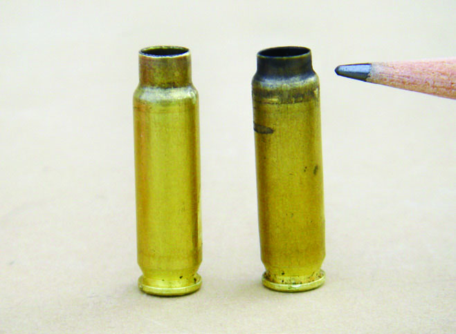 Powder selection for the 5.7x28mm is critical. The case on the right was fired with a too slow burning propellant. Note how the shoulder is moved forward, due to the action unlocking while pressures were still at work.